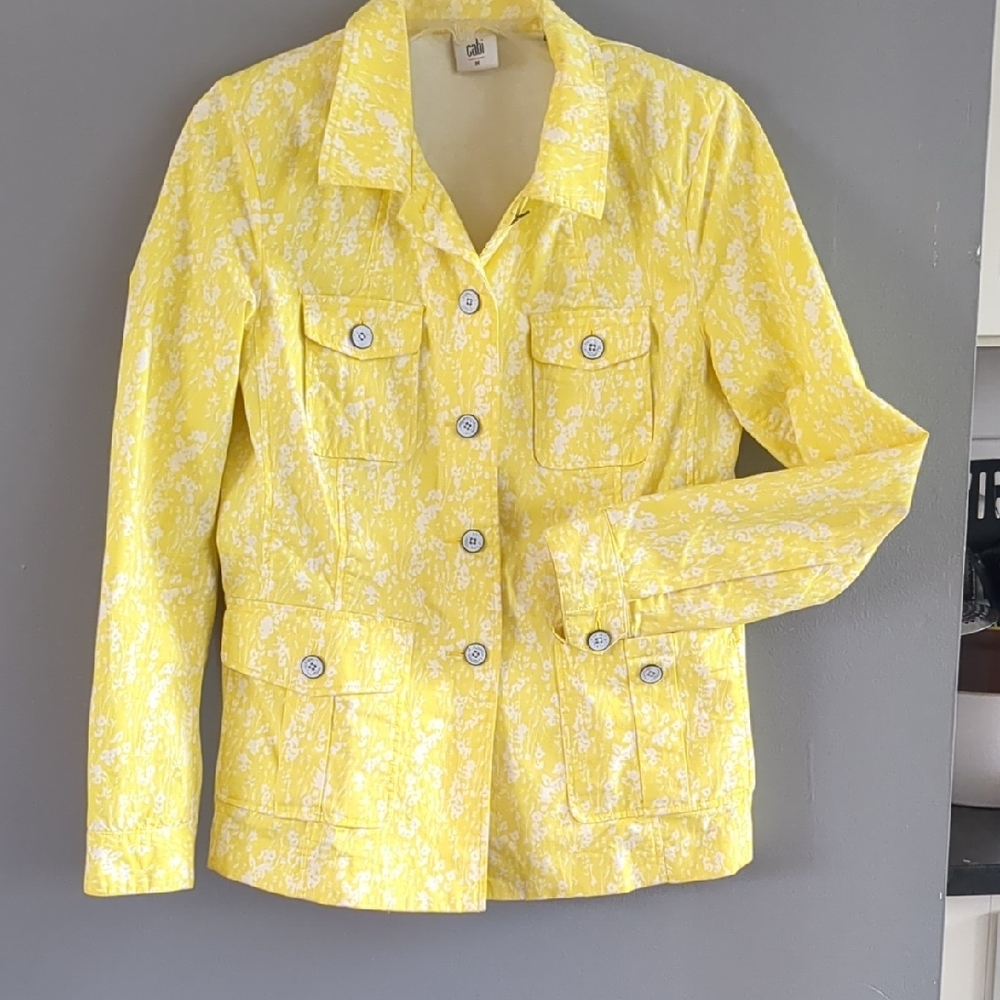 CAbi Yellow and White Utility Jacket with Notched Lapel